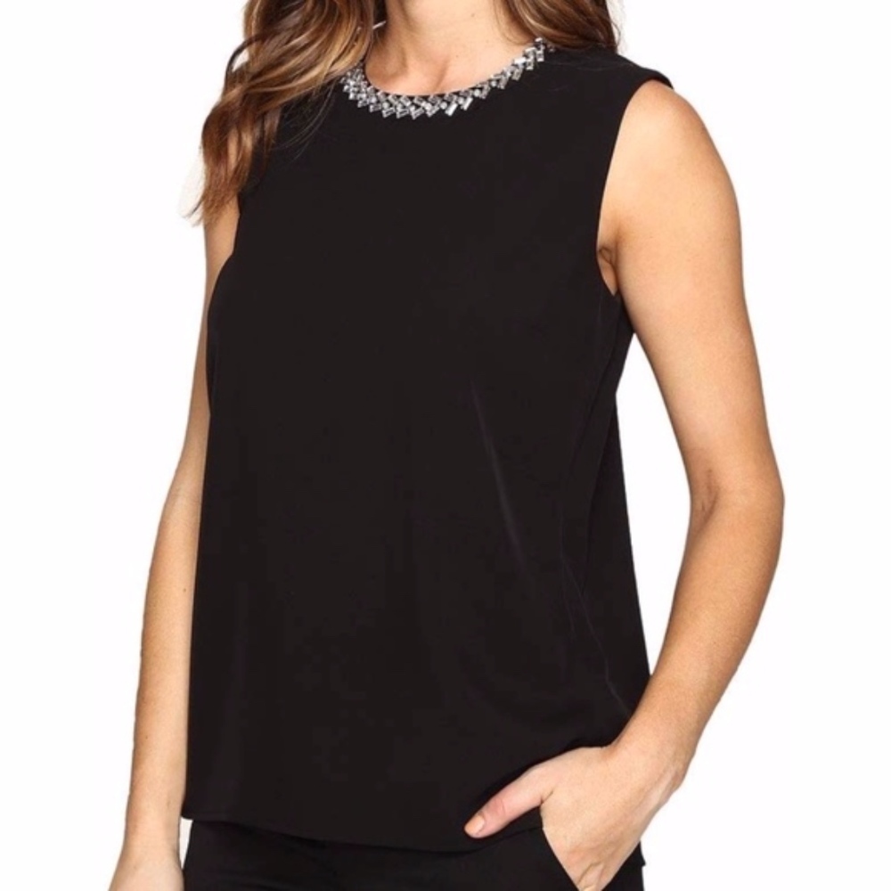 NWT Calvin Klein Embellished Black Keyhole Blouse